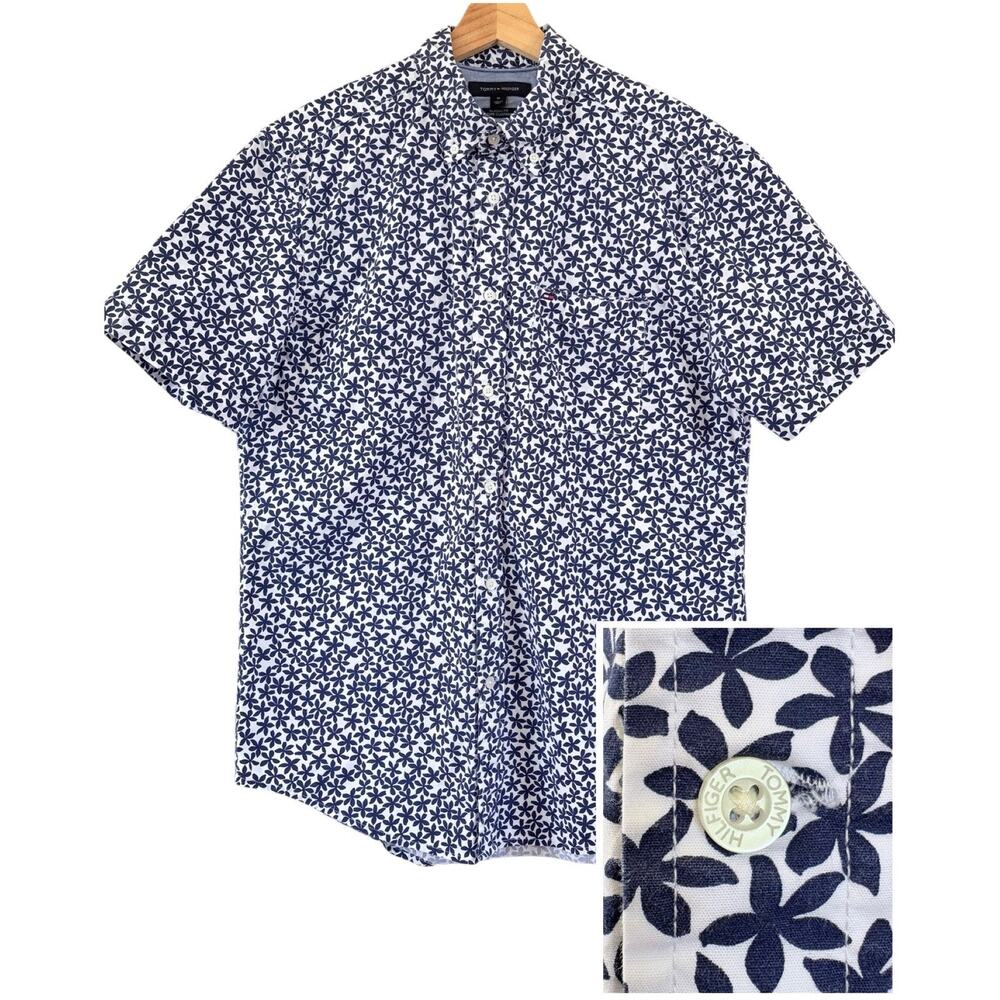 Tommy Hilfiger Floral Button Down Shirt Mens M White Navy Cotton Classic Fit